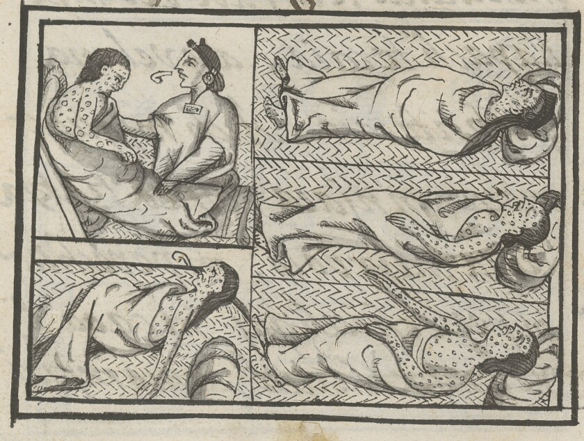 A healer caring for patients suffering from smallpox in Book 12 of the Florentine Codex