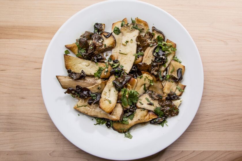 LOS ANGELES, CA - OCTOBER 31: Chef and author David Tanis' king oyster mushroom and woodear mushroom salad with ingredients bought at the Hollywood Farmers' Market. Photographed on Sunday, Oct. 31, 2021 in Los Angeles, CA. (Myung J. Chun / Los Angeles Times)