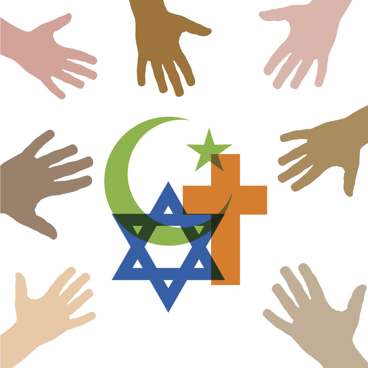 Peace and dialogue between religions. Christian symbols, jew and Islamic