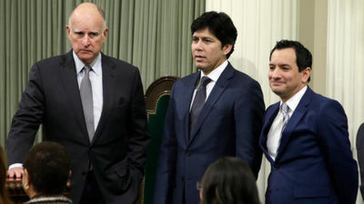 Gov. Jerry Brown, Senate President Pro Tem Kevin de León and Assembly Speaker Anthony Rendon pictured in Sacramento in March.