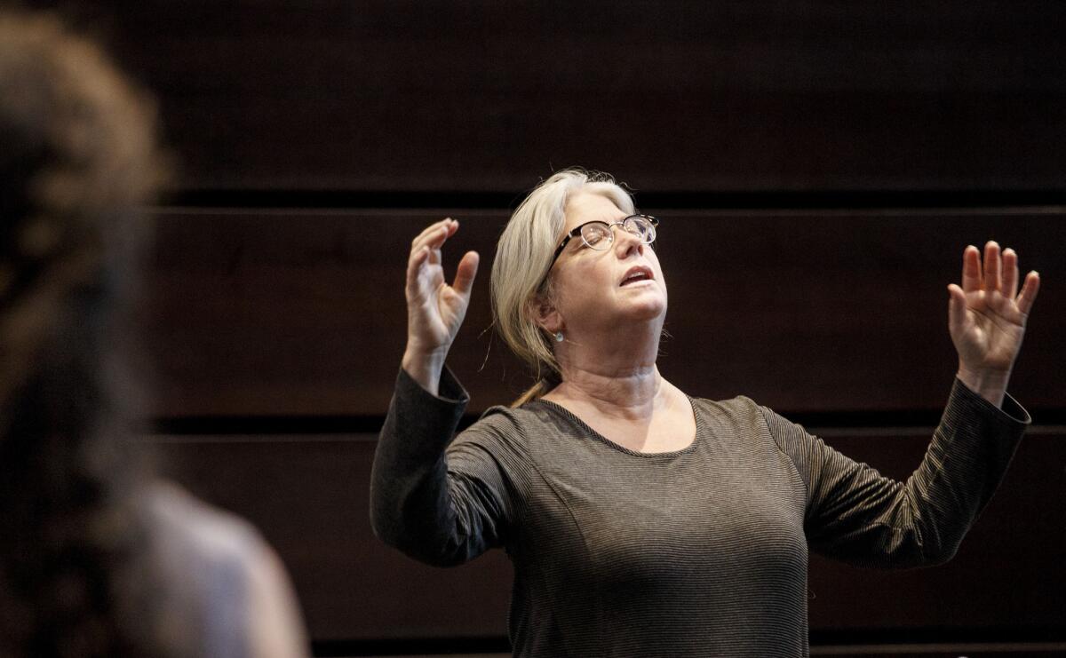 Theater director Mary Zimmerman rehearses her production of the musical "Guys and Dolls" at the Wallis Annenberg Center for the Performing Arts in Beverly Hills.