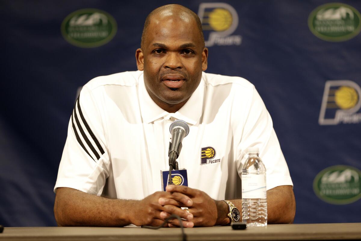 Nate McMillan speaks during a news conference after being named the new coach of the Indiana Pacers on May 16.