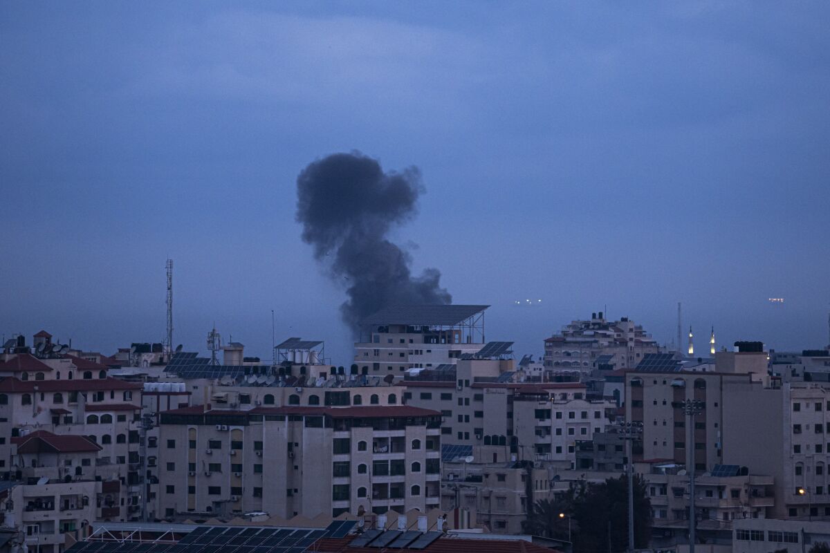 Smoke rising from an Israeli airstrike in the western Gaza Strip