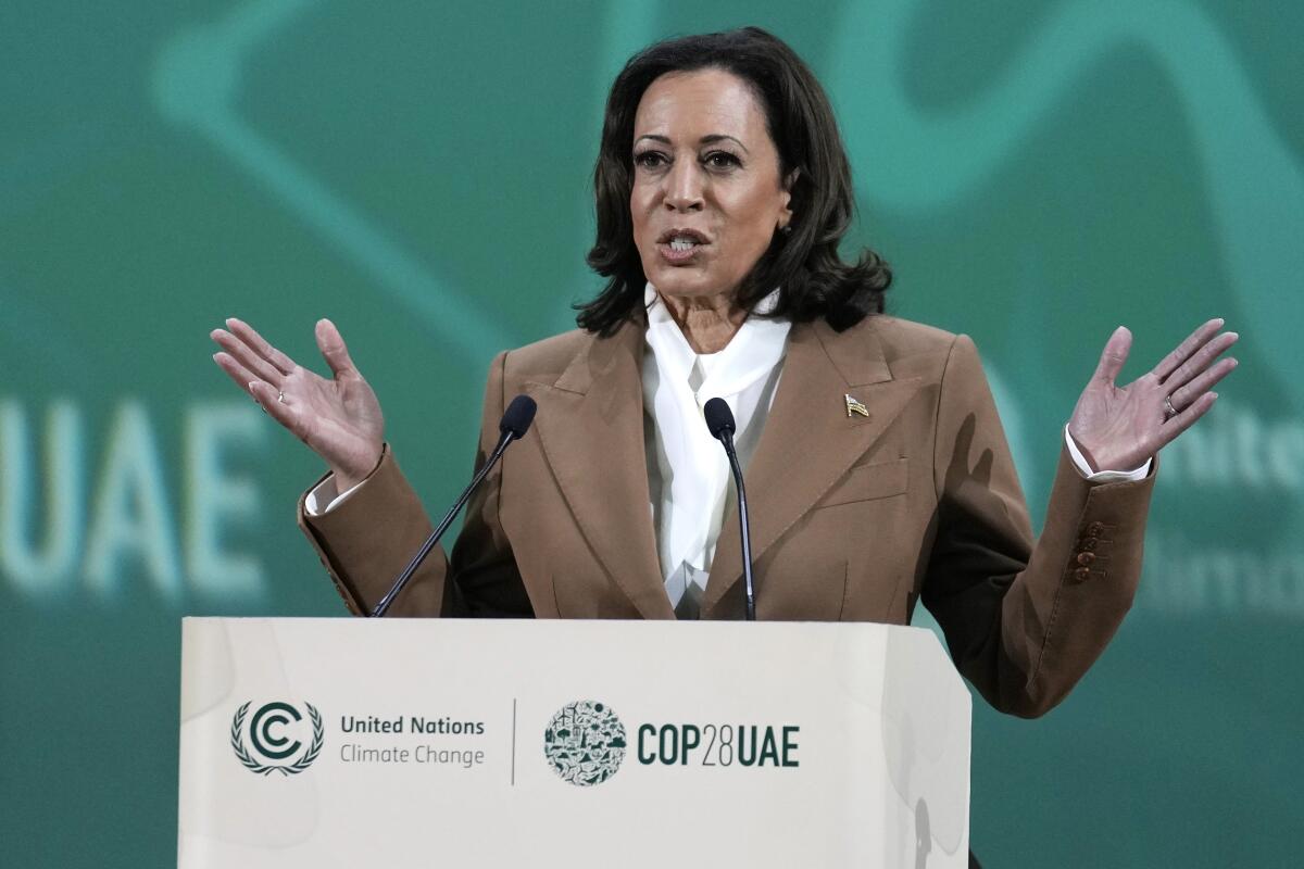 ARCHIVO - La vicepresidenta Kamala Harris ofrece un discurso durante la Cumbre Climática 