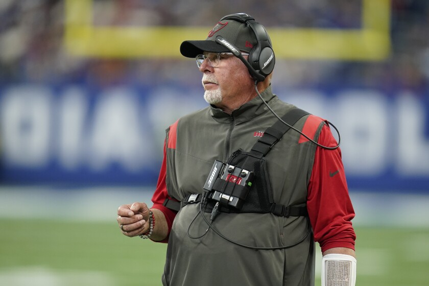 Tampa Bay Buccaneers head coach Bruce Arians looks on during the first half of an NFL football game against the Indianapolis Colts, Sunday, Nov. 28, 2021, in Indianapolis. (AP Photo/Michael Conroy)
