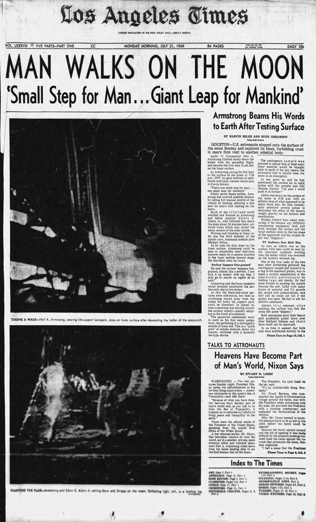 The front page of a 1969 edition of the Los Angeles Times reads: "Man walks on the moon,' with large black-and-white photos.
