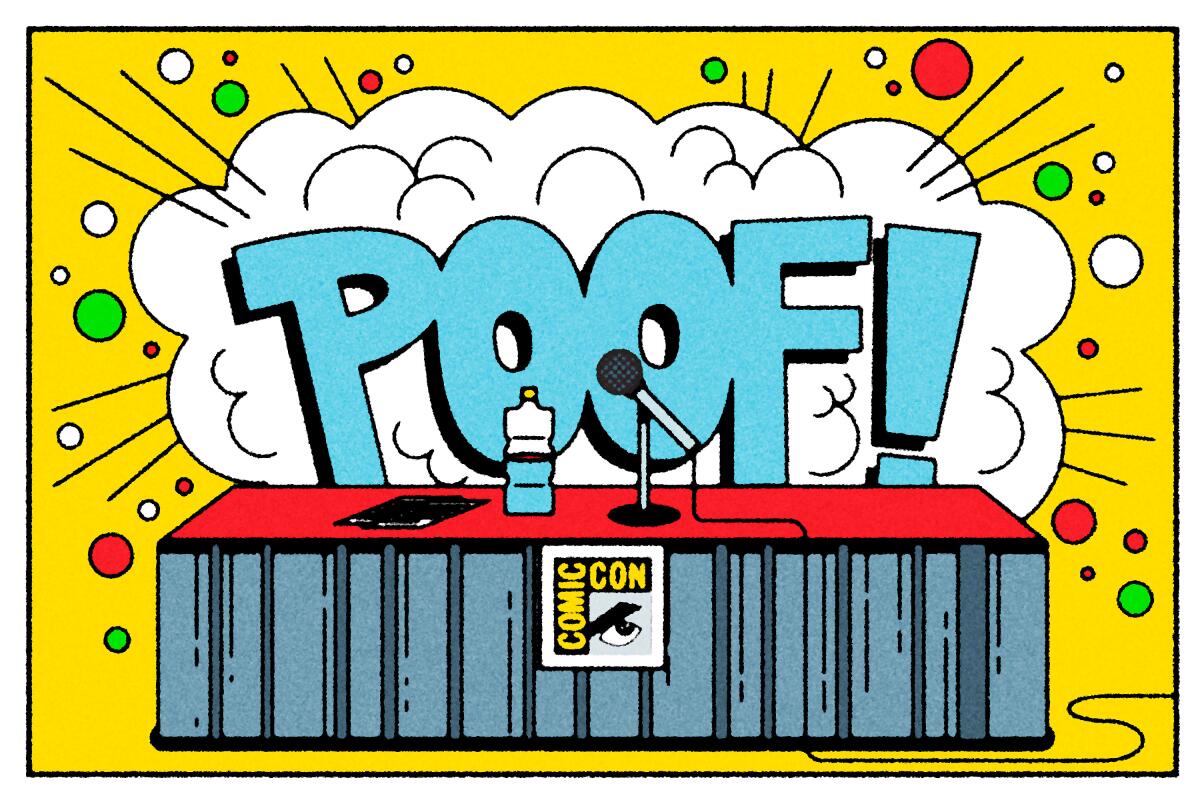 A comic-book-style drawing of a giant 'POOF!' cloud behind a panel table with a microphone and bottle of water.