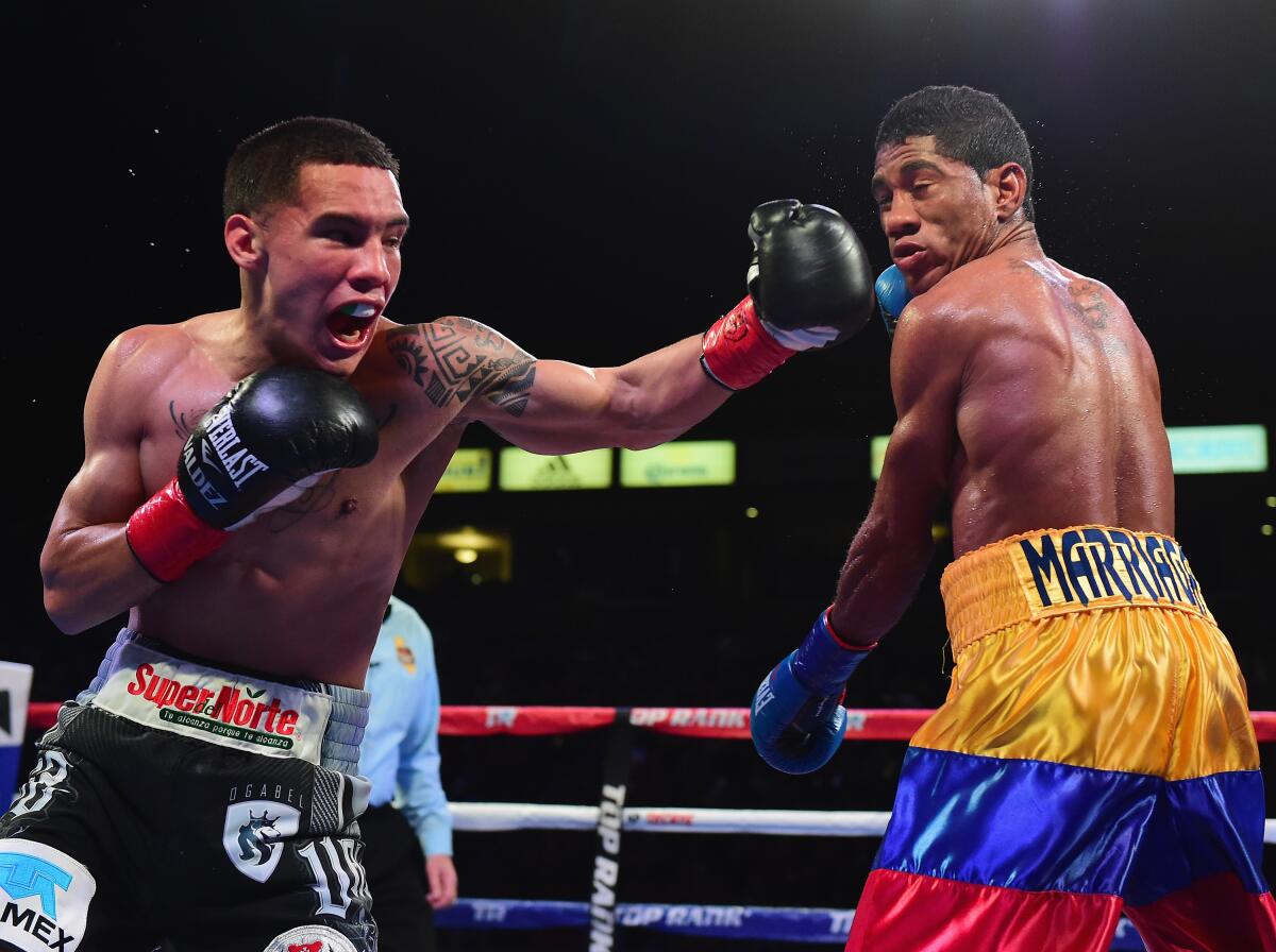 Oscar Valdez delivers a left cross to Miguel Marriaga during a 12-round victory by decision in Carson in 2017.