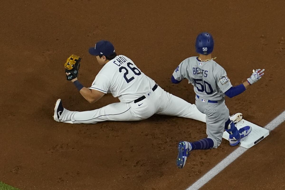 Tampa Bay Rays first baseman Ji-Man Choi forces out Dodgers' Mookie Betts out during Game 3 of the World Series.