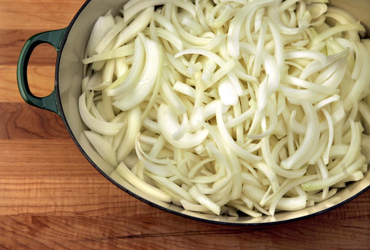 When first sliced, the raw onions will almost fill a large pot.