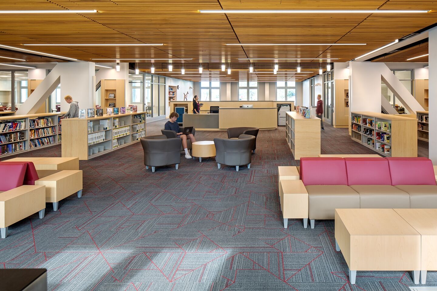 A library and media center occupies the first floor of Point Loma High School's new three-story building.
