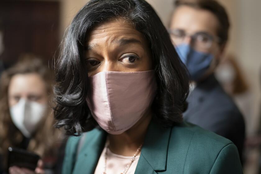 Rep. Pramila Jayapal, D-Wash., chair of the Congressional Progressive Caucus, updates reporters after meeting with Speaker of the House Nancy Pelosi and fellow Democrats as President Joe Biden's $1.75 trillion domestic policy package remains in limbo, at the Capitol in Washington, Tuesday, Nov. 2, 2021. (AP Photo/J. Scott Applewhite)