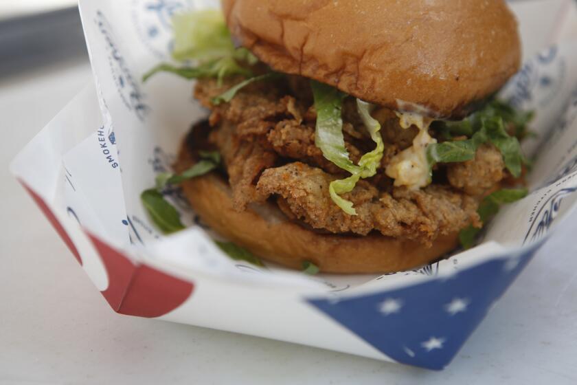 The country-fried steak sandwich at Peaches', a food truck specializing in Southern food.