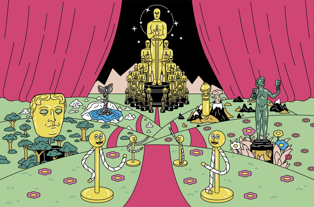 An illustration shows a red carpet leading past BAFTA, SAG, Golden Globe and Spirit awards before finishing at the Oscars.