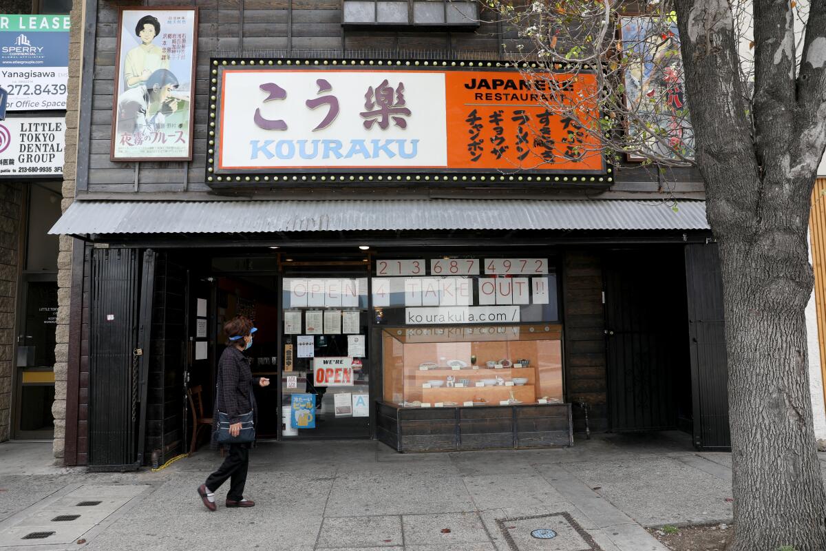 Kouraku Restaurant in Little Tokyo on Wednesday, April 8, 2020. Some owners of legacy restaurants like Kouraku are adjusting to the shutdown by reaching out on social media and offering online delivery for the first time.