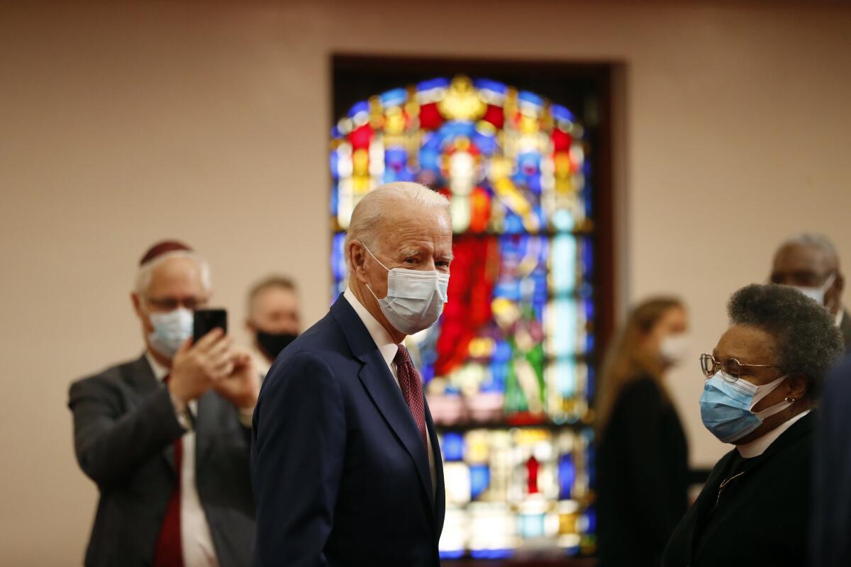 Former Vice President Joe Biden visits Bethel AME Church in Wilmington, Del., on Monday to meet with local black leaders.