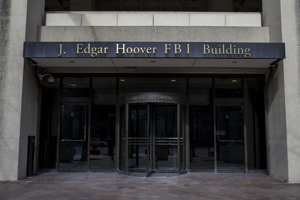 The entrance to the J. Edgar Hoover FBI building