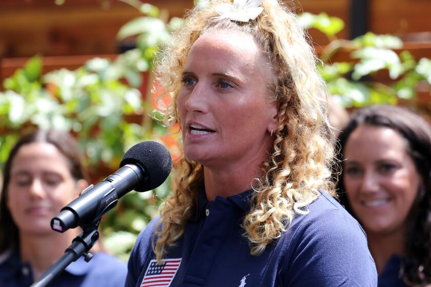 Newport native Kaleigh Gilchrist answers questions from the media after being announced in the U.S. 2024 Olympic women's water polo team roster during a press conference announcing the U.S. 2024 Olympic women's water polo roster at Republique Cafe Bakery & Republique Restaurant in Los Angeles on Thursday, May 30, 2024. (Photo by James Carbone)