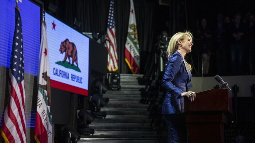 Jennifer Siebel Newsom takes the stage to introduce her husband, Gavin Newsom, as the next governor of California, on election night.