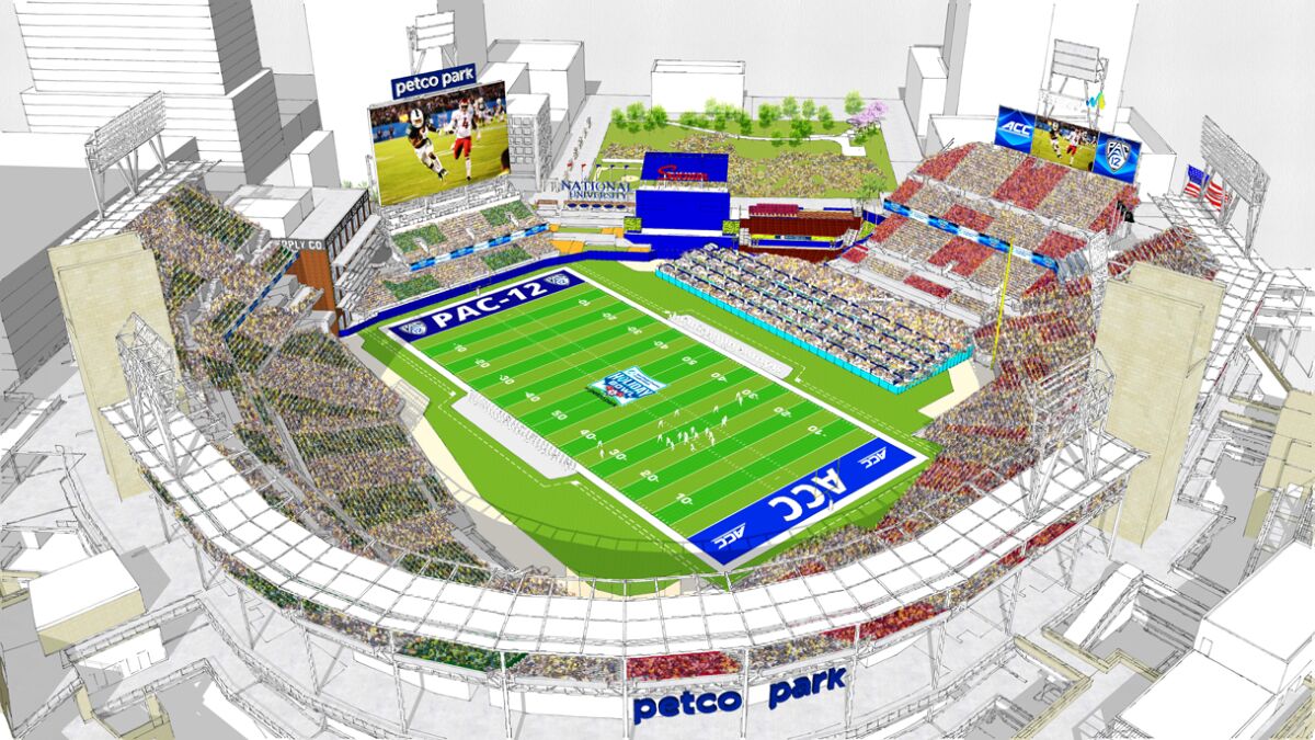 Rendering of football field for Holiday Bowl inside Petco Park, which could fit 50,000 with temporary seating in right field.