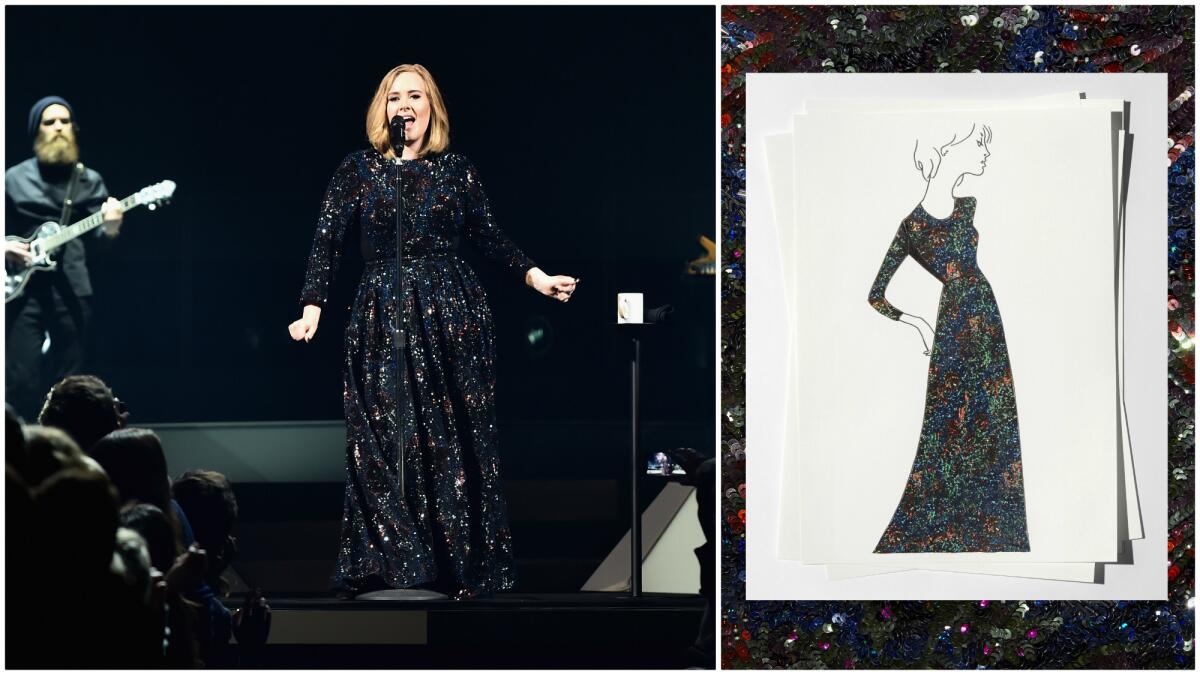 Adele performs in Burberry in Belfast, Northern Ireland, on Feb. 29, left, a a sketch of dress designed by Burberry's chief creative and chief executive officer, Christopher Bailey.