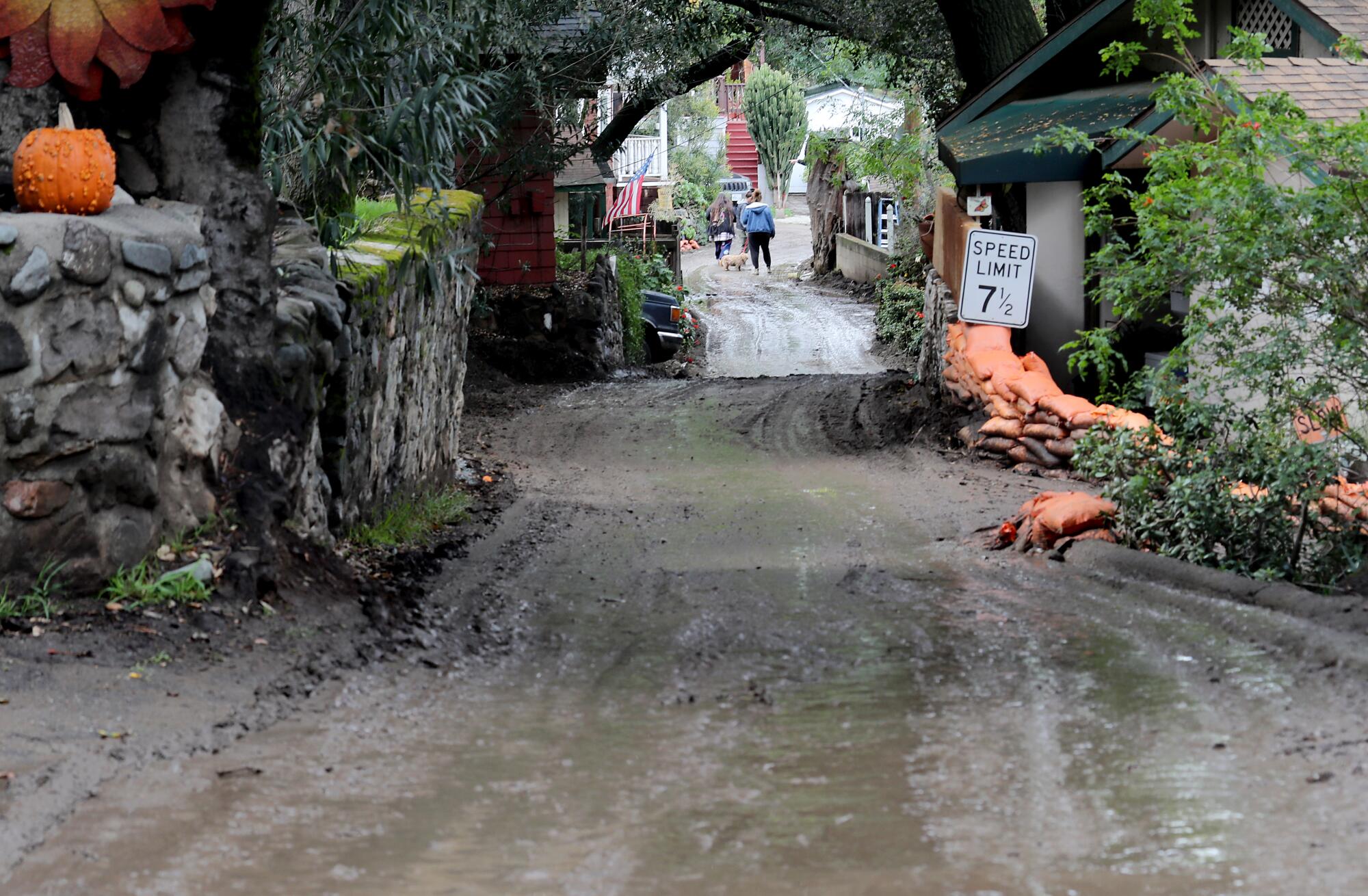 Mud covers a residential road.