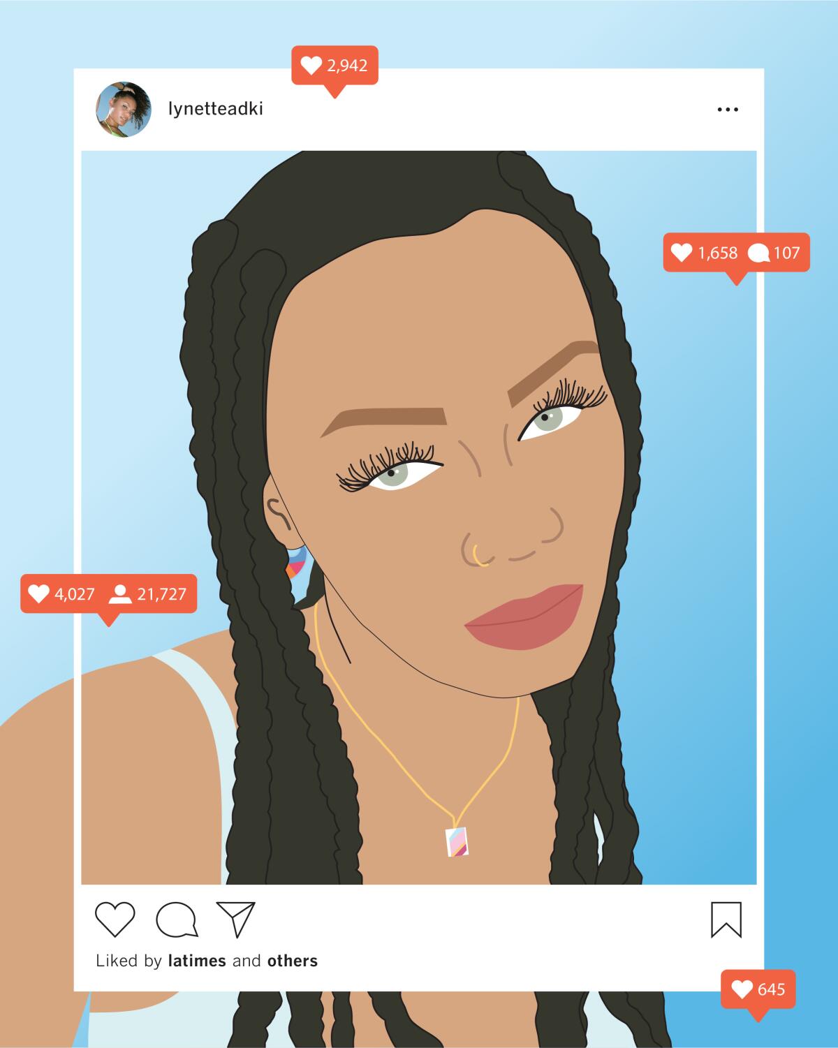 Drawing of a woman inside an Instagram frame with like and follow notifications surrounding her.