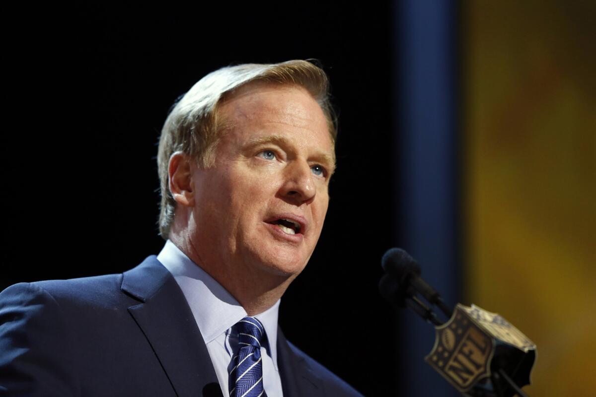 NFL Commissioner Roger Goodell speaks during the first round of the 2015 NFL Draft.