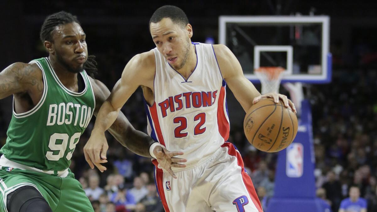 Detroit Pistons small forward Tayshaun Prince, right, drives past Boston Celtics small forward Jae Crowder during a game on April 8, 2015. Would the Clippers be interested in acquiring a Prince?