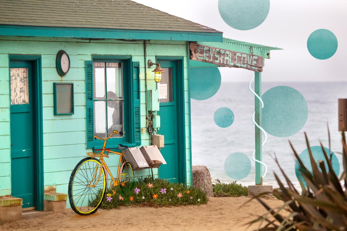 A photo illustration of a small cottage with a bike in front and the ocean in the background.