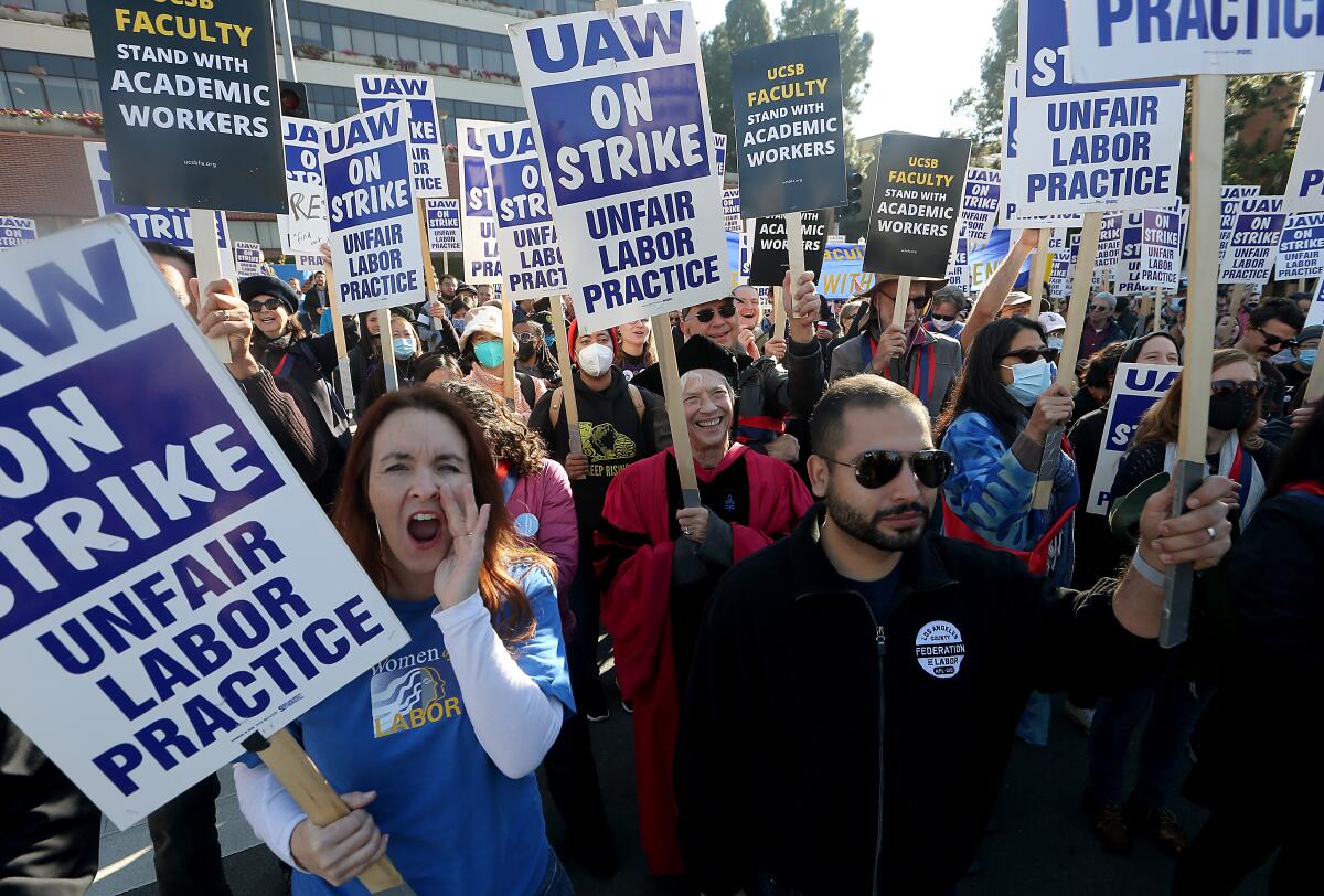 Striking UC academic workers and faculty rally at UCLA.  