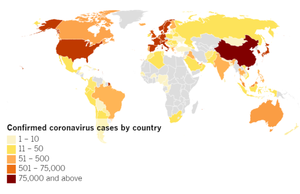 Confirmed COVID-19 cases by country as of 5:00 p.m. Thursday, March 12, 2020. Click to see the interactive map.