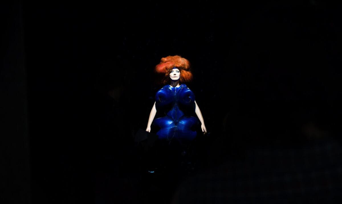 A view of a mannequin wearing a costume on display at the exhibition "Björk" at the Museum of Modern Art in New York.