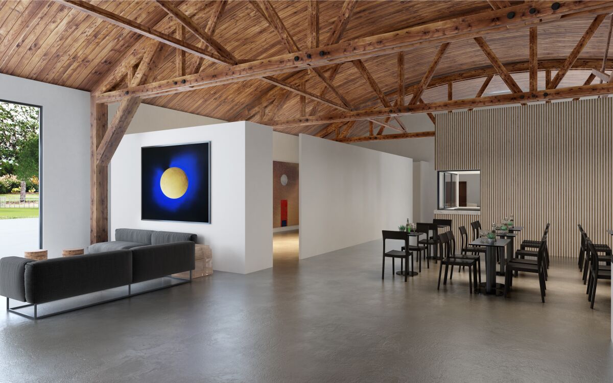 A rendering of Compound's space called the Warehouse and one of its galleries, adjacent to Ellie's restaurant.