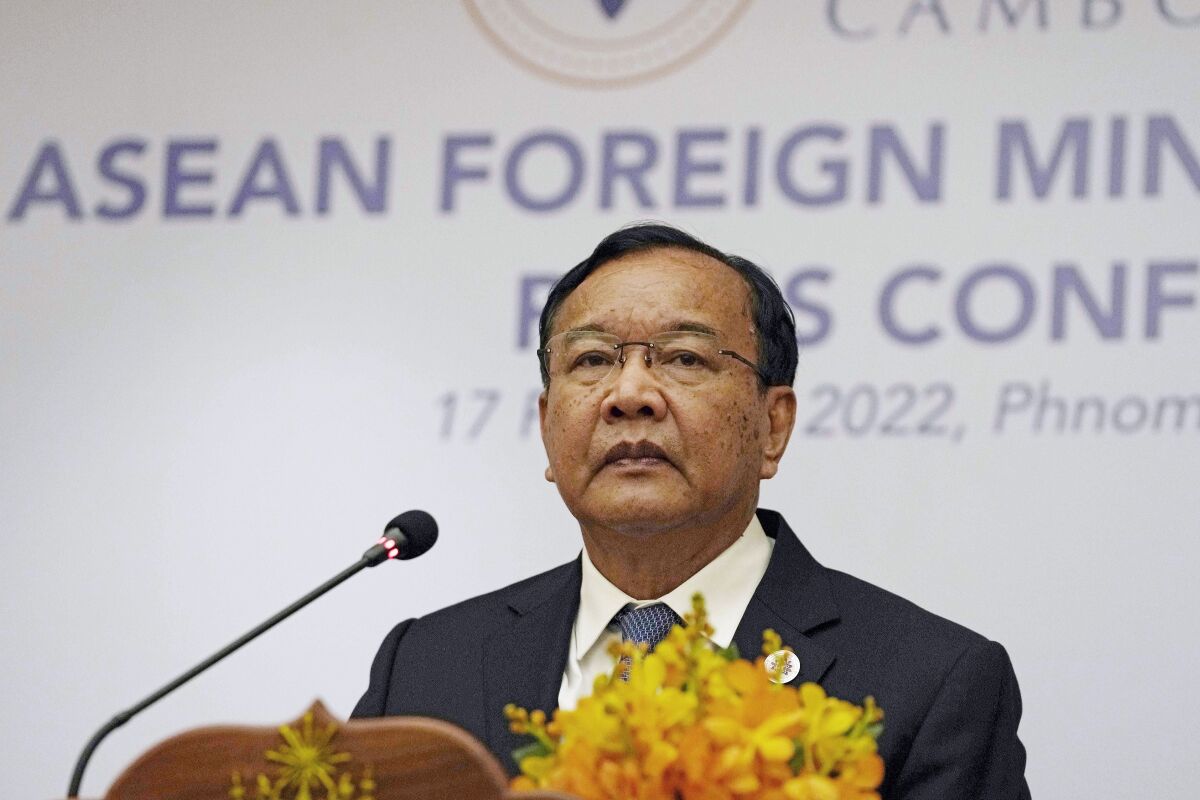 FILE - Cambodian Foreign Minister Prak Sokhonn holds a press conference after the Association of Southeast Asian Nations (ASEAN) session of ASEAN foreign ministers' retreat in Phnom Penh, Cambodia, Thursday, Feb. 17, 2022. Prak Sokhonn will make his first trip to Myanmar later this month in his capacity as the special envoy of the Association of Southeast Asian Nations, his office said Thursday, March 3, 2022. (AP Photo/Heng Sinith, File)