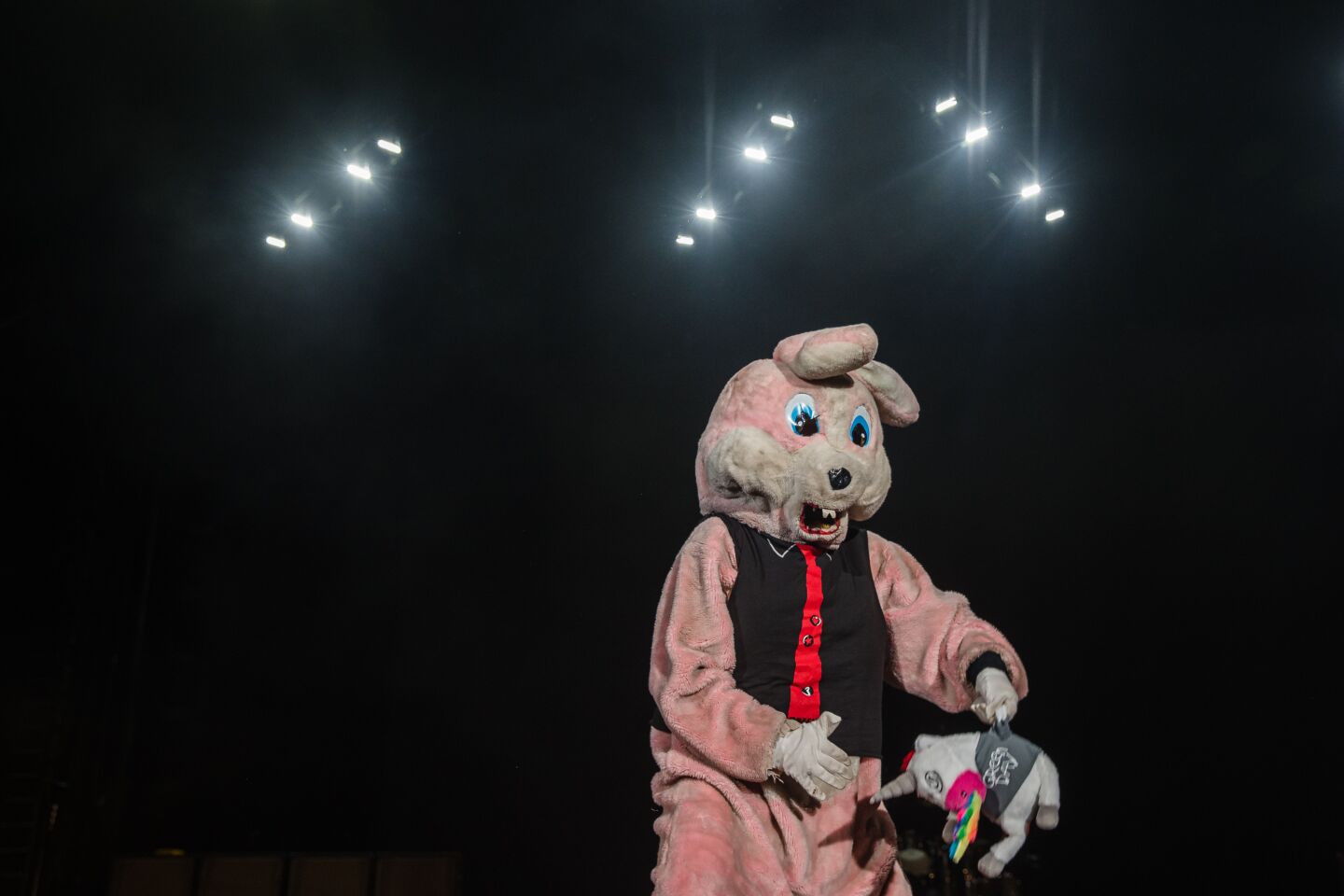 A pink bunny on stage before Green Day plays their set at the Hella Mega Tour at Petco Park in downtown San Diego on August 29, 2021.