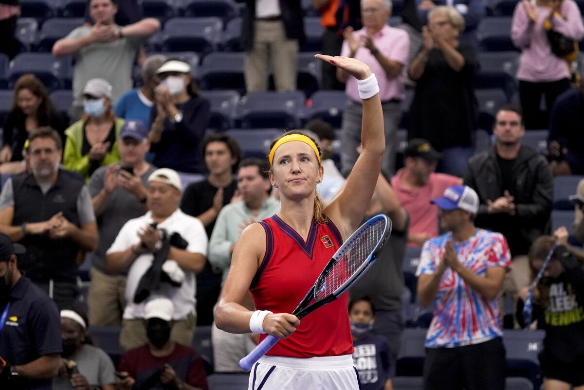 Victoria Azarenka, of Belarus, celebrates her win over Jasmine Paolini, of Italy, during the second round of the US Open tennis championships, Wednesday, Sept. 1, 2021, in New York. (AP Photo/Seth Wenig)