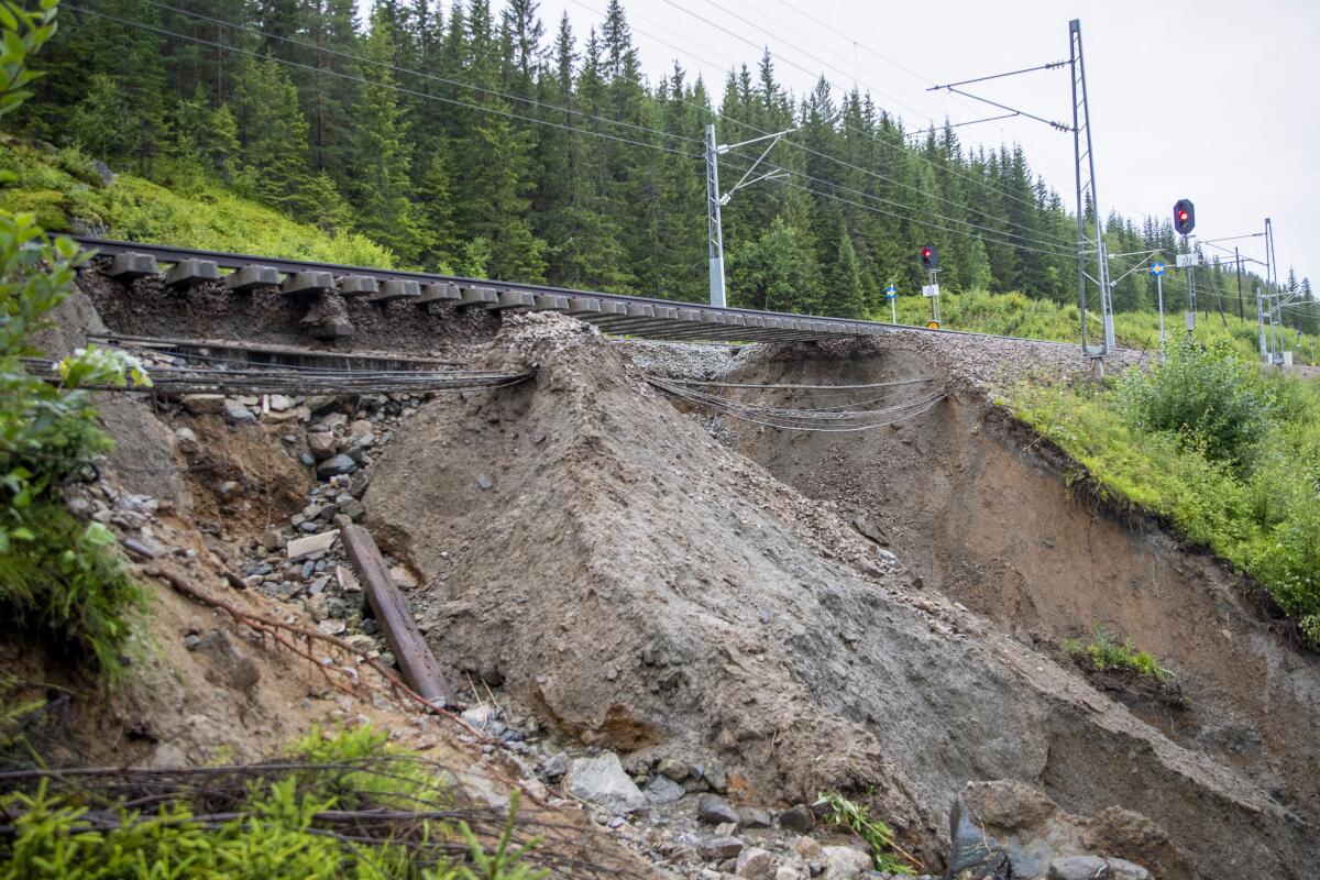 Collapsed parts of a railway line in Hole, Norway
