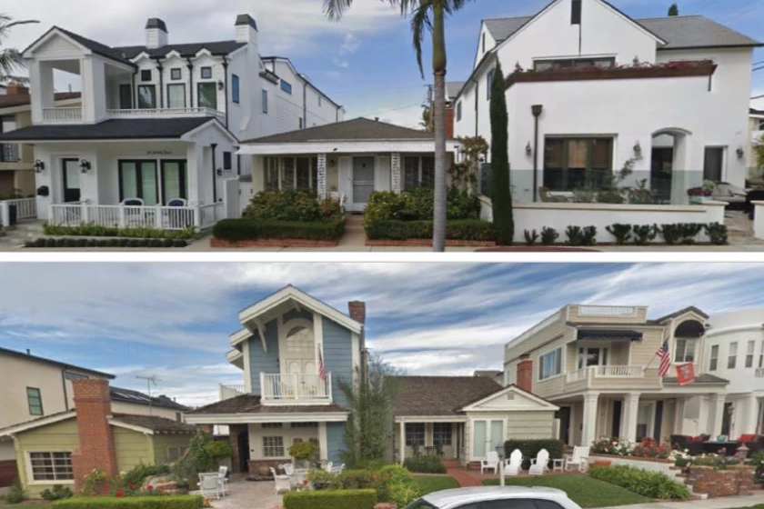 Mid-20th-century cottages in Newport Beach alternate with taller, more contemporary homes in older neighborhoods.