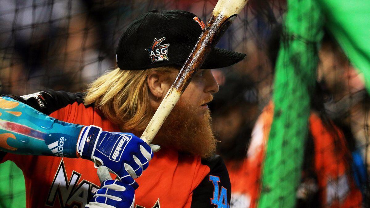 Dodgers' Justin Turner takes batting practice during Gatorade All-Star Workout Day ahead of the 88th MLB All-Star Game at Marlins Park on Monday in Miami.