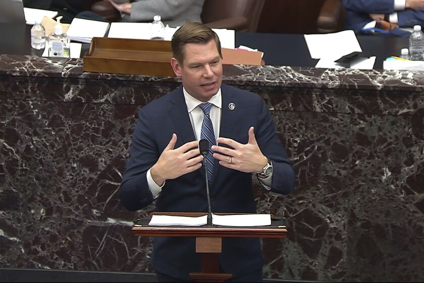 In this image from video, House impeachment manager Rep. Eric Swalwell, D-Calif., speaks during the second impeachment trial of former President Donald Trump in the Senate at the U.S. Capitol in Washington, Wednesday, Feb. 10, 2021. (Senate Television via AP)