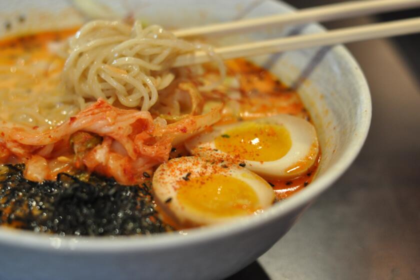 A bowl of spicy miso ramen at Men Oh in Little Tokyo, with perfectly cooked eggs and kimchi.