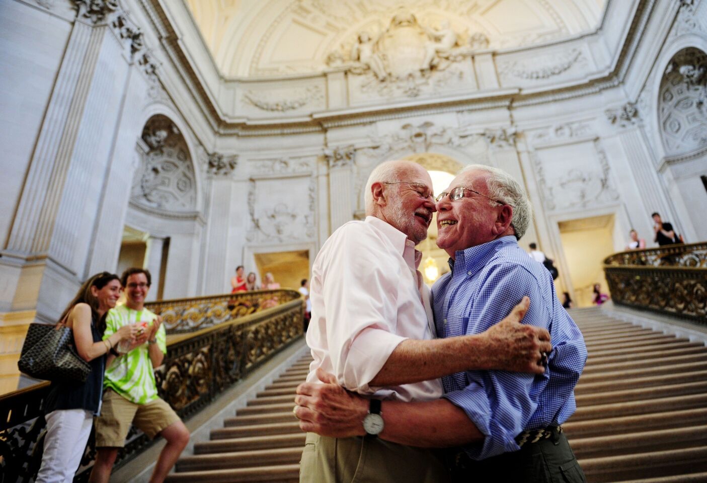 George Lucas, left, and Tom Rothgiesser, both 79, who met in Johannesburg, South Africa, and have been dating for 50 years, got married in San Francisco on Saturday.