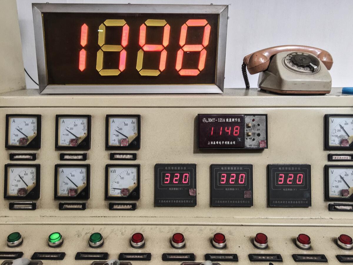 A control panel on a machine inside the factory. (Julie Makinen / Los Angeles Times)