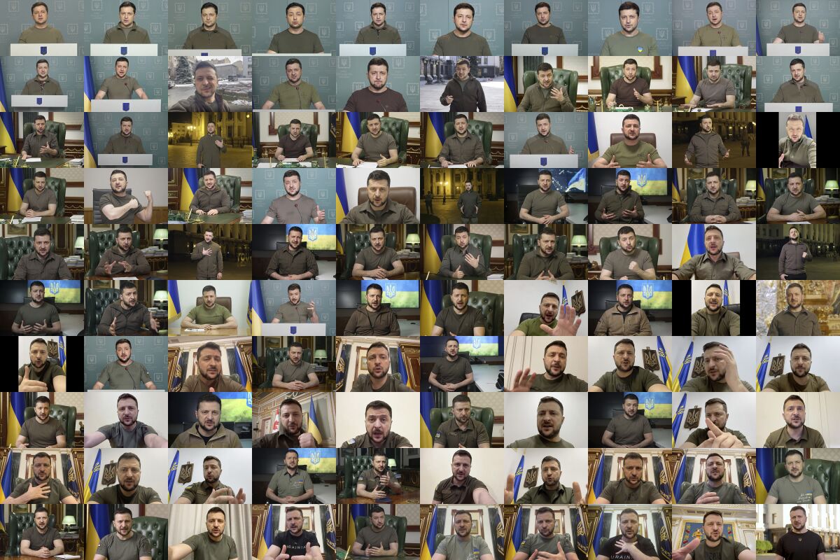 This combination of images from video provided by the Ukrainian Presidential Press Office, shows Ukrainian President Volodymyr Zelenskyy speaks from Kyiv, Ukraine, in his video addresses from Feb. 24, 2022, to June 3, 2022. From the start of the war, Zelenskyy has spoken to the Ukrainian people at the conclusion of every day, rallying them to the fight, telling them of his efforts to get ever more Western weapons and sharing their pain. His actor-trained voice can be soothing, a deep, confidential whisper as he looks directly into the camera. Or forceful, rising in moral outrage as he condemns the most recent Russian atrocities and vows that those responsible will be punished.(Ukrainian Presidential Press Office via AP)