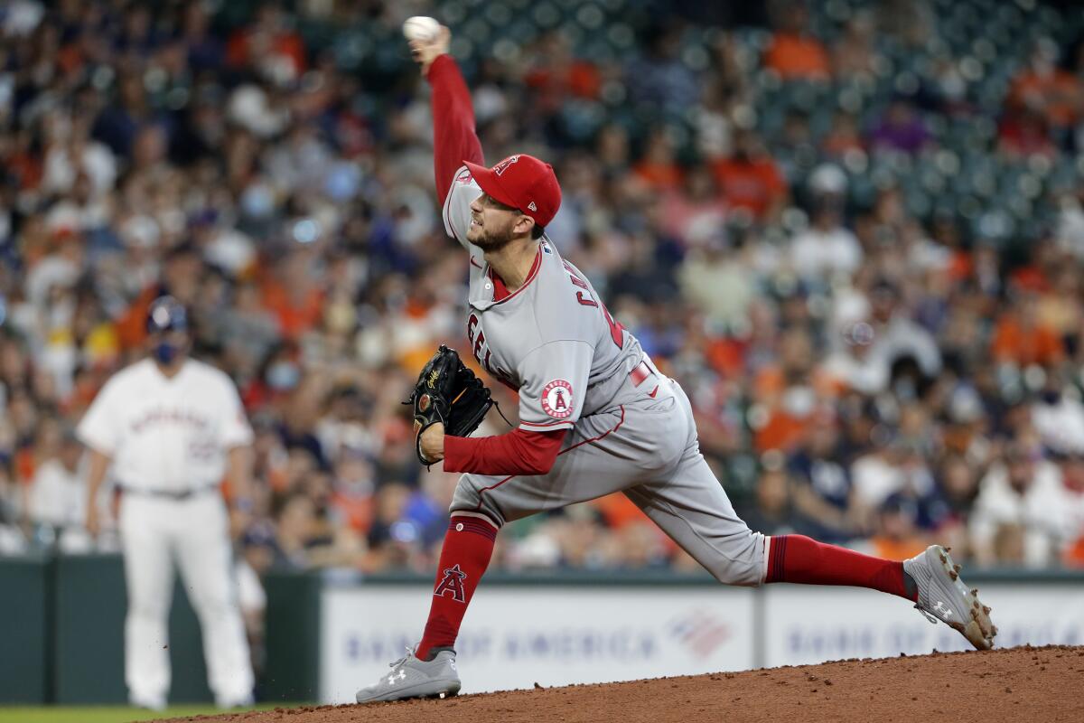 The Angels' Griffin Canning pitches against the Houston Astros during the first inning April 24, 2021.