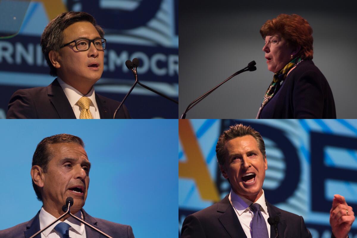 Clockwise from top left: Gubernatorial candidates John Chiang, Delaine Eastin, Antonio Villaraigosa and Gavin Newsom.