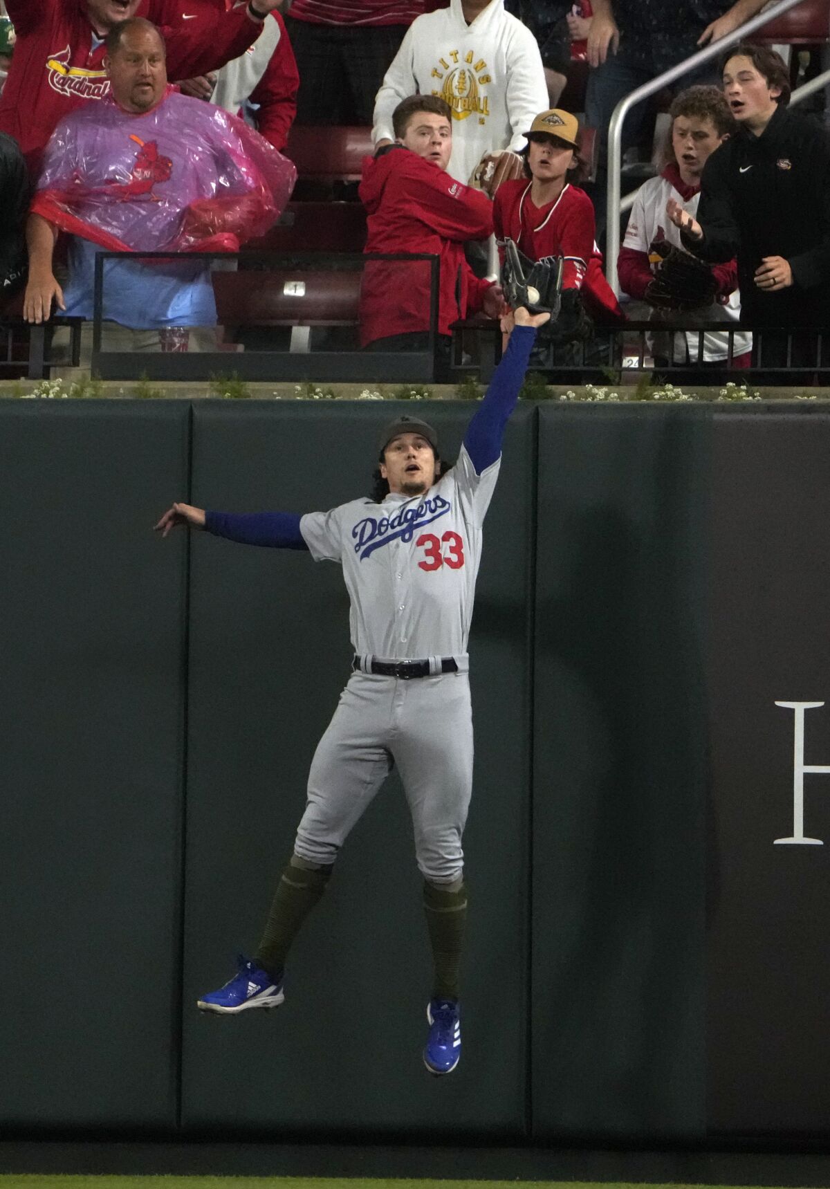 Dodgers center fielder James Outman catches a sixth-inning fly ball hit by the Cardinals' Paul Goldschmidt  on May 19, 2023.