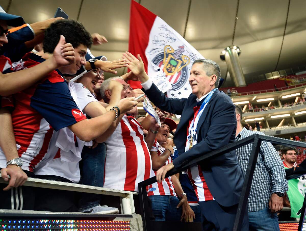 (FILES) In this file photo taken on May 28, 2017 Mexican businessman Jorge Vergara celebrates the victory of Guadalajara team over Tigres during a Mexican Clausura 2017 football tournament final football match, at the Chivas stadium in Guadalajara, Mexico. - Vergara passed away in New York on November 15, 2019. (Photo by ALFREDO ESTRELLA / AFP) (Photo by ALFREDO ESTRELLA/AFP via Getty Images) ** OUTS - ELSENT, FPG, CM - OUTS * NM, PH, VA if sourced by CT, LA or MoD **
