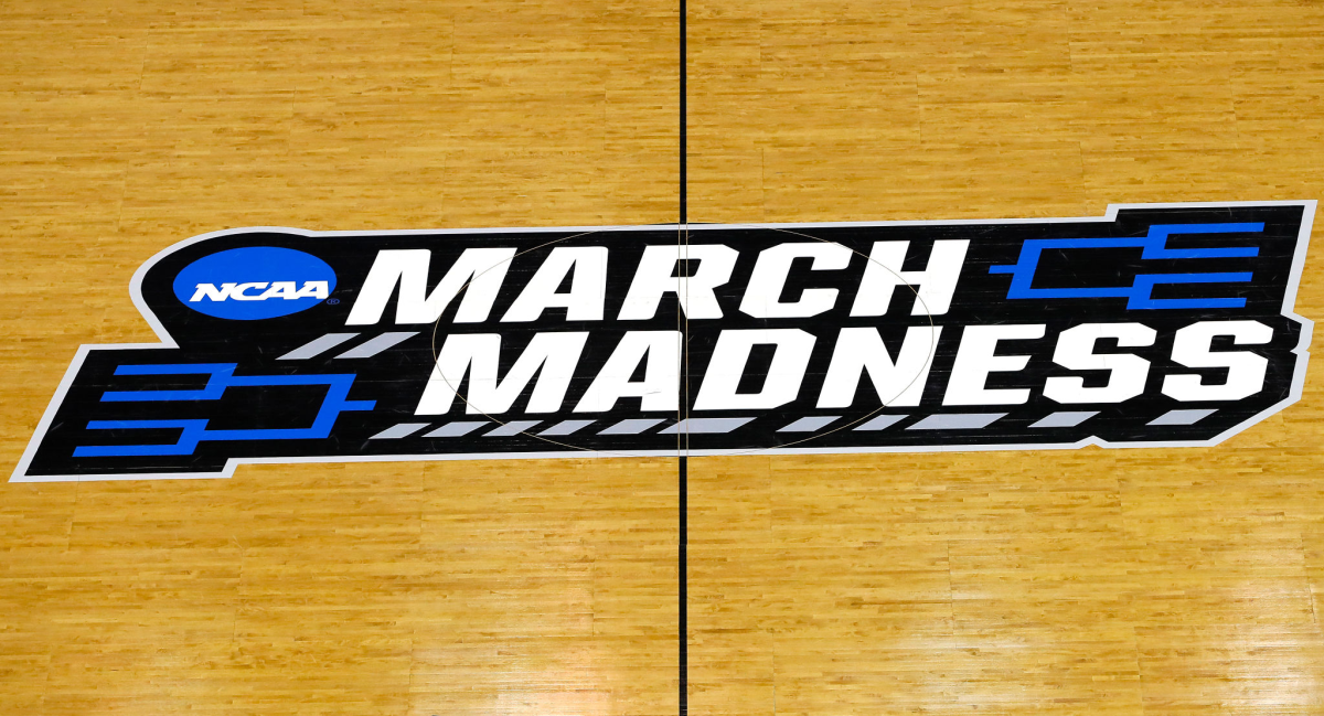 A view of the March Madness logo on the court in Columbia, S.C.